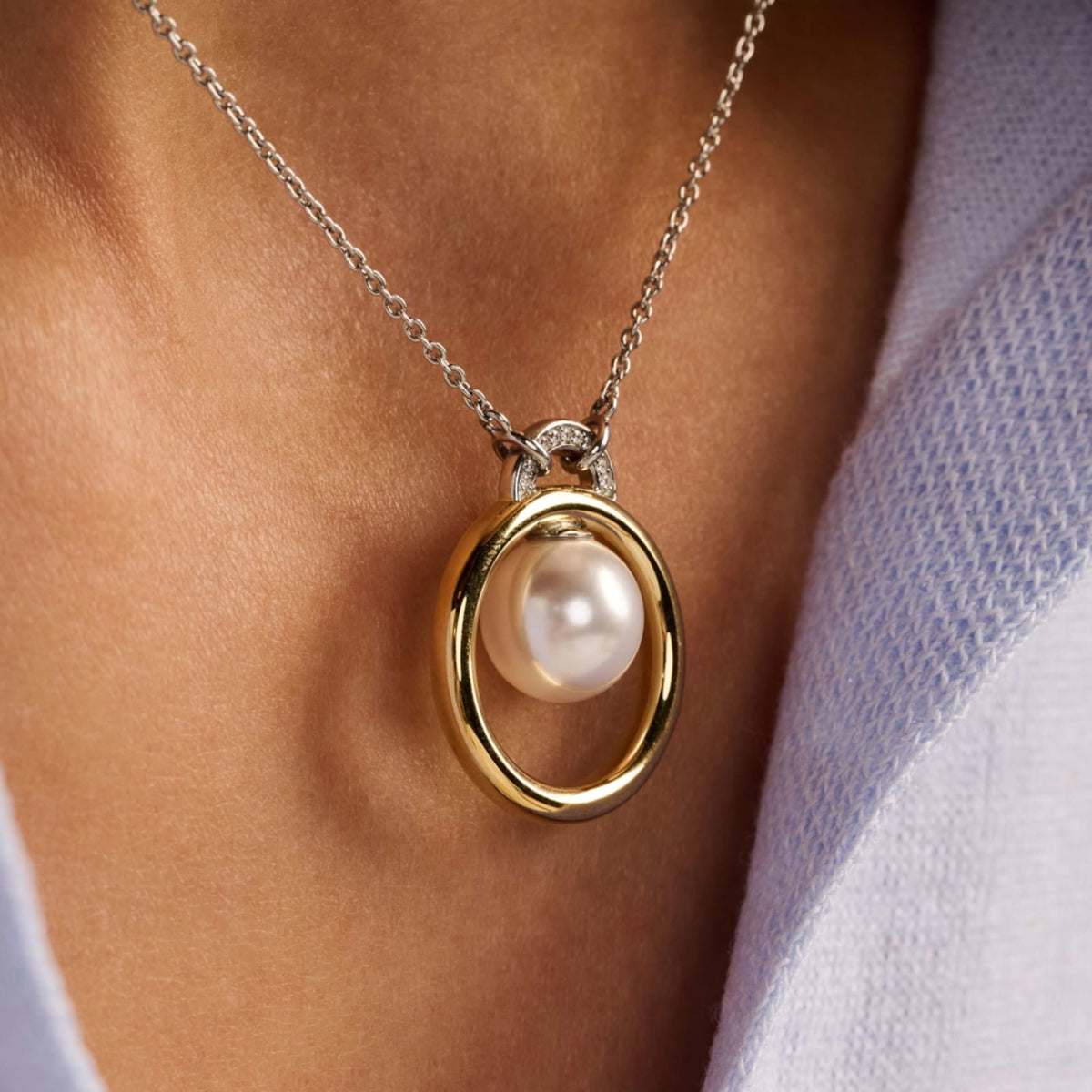 Collana catena Ti Sento in argento zirconi e perla 10mm MISURA UNICA