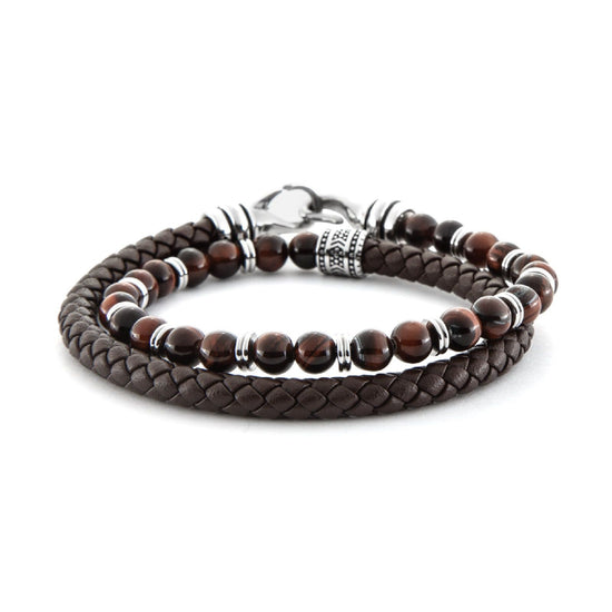Bracciale doppio uomo 4US Cesare Paciotti pelle e acciaio con occhio di tigre 4UBR6391-1