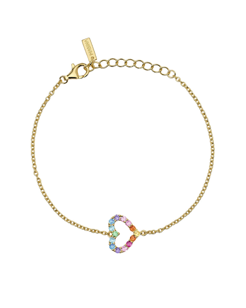 Bracciale catena da donna della collezione Mabina Happy Love in argento placcato oro con catena forzatina e cuore centrale di zirconi multicolor 533836
