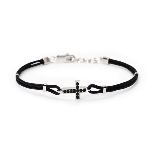 bracciale uomo mabina mystical nylon nero in argento con croce e zirconi neri 533849