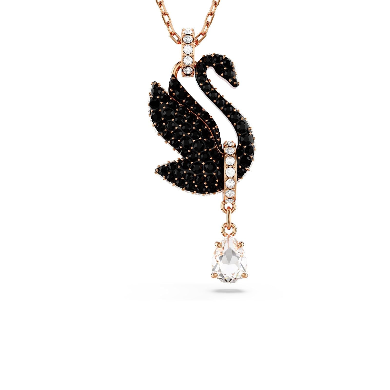 Collana donna Swarovski Swan placcata oro rosa con cigno e cristalli neri e a goccia 5678045-1
