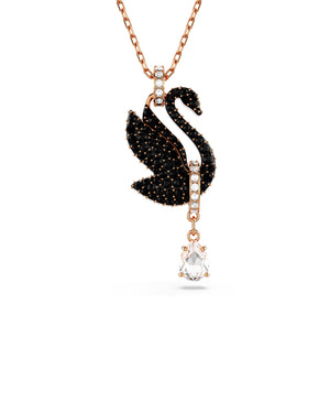 Collana girocollo da donna Swarovski Swan placcata oro rosa con ciondolo a cigno con cristalli neri e uno bianco a goccia 5678045