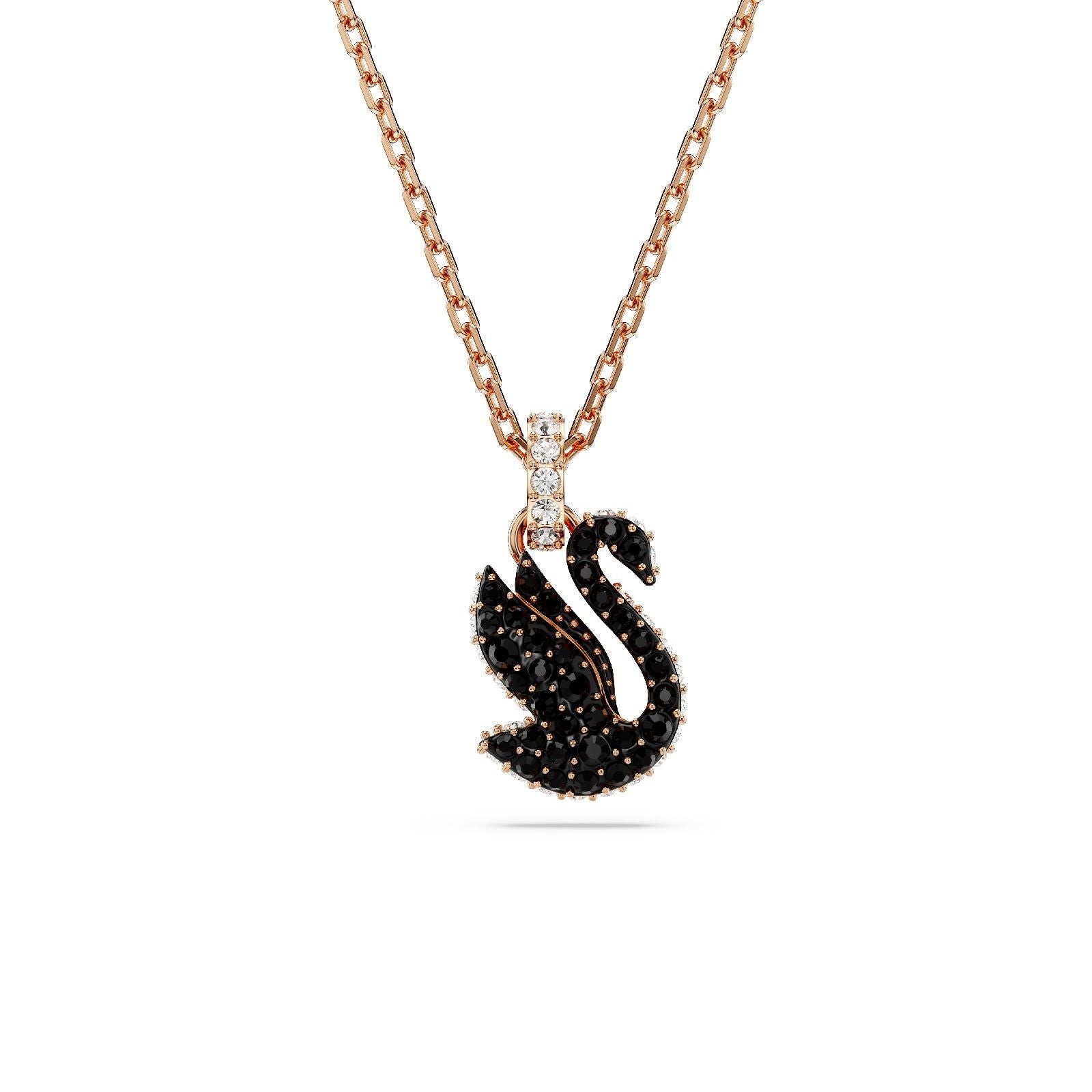 Collana donna Swarovski Swan placcata oro rosa con cigno e cristalli neri 5678046-1