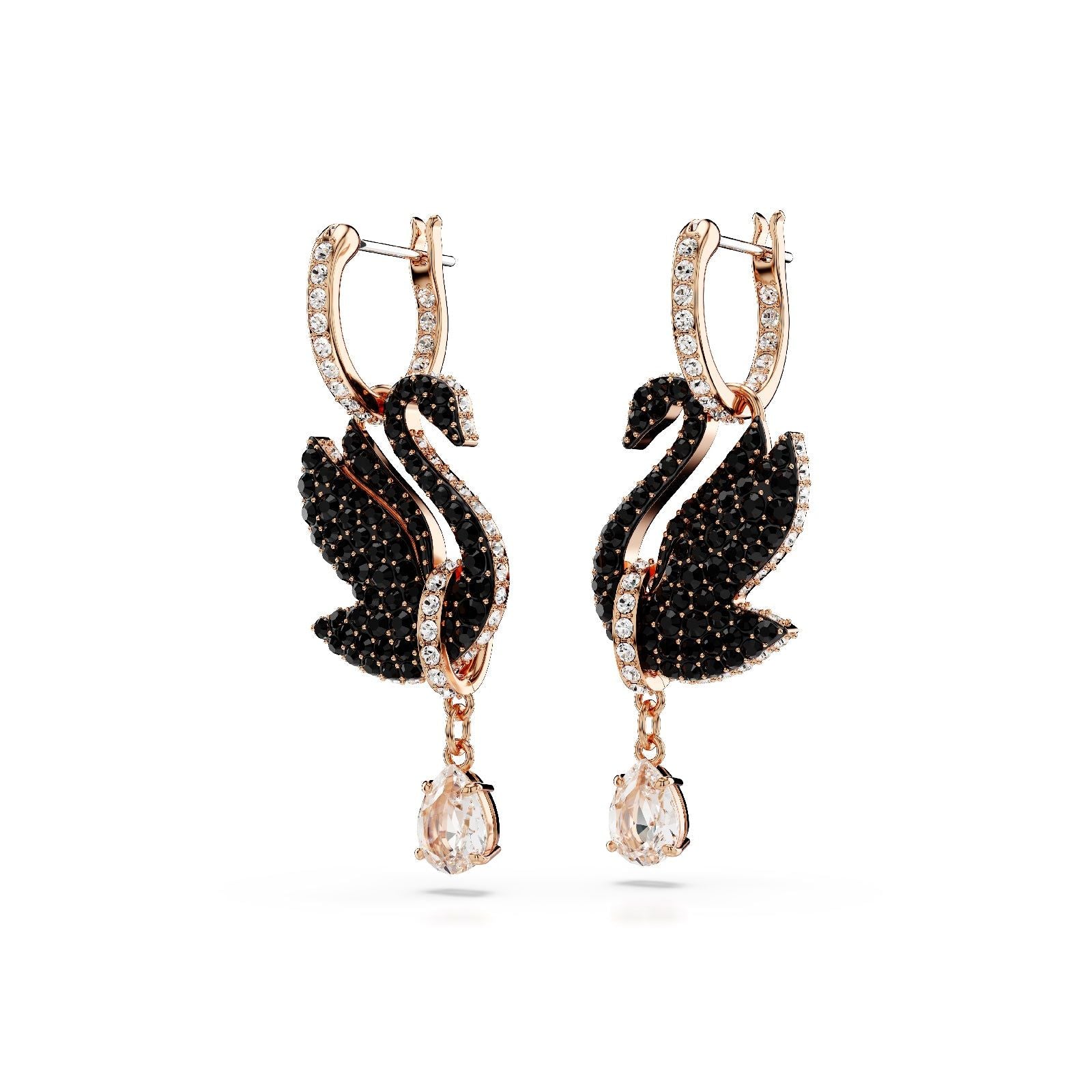 Orecchini donna Swarovski Swan placcati oro rosa con cigno e cristalli neri e a goccia 5678047-1