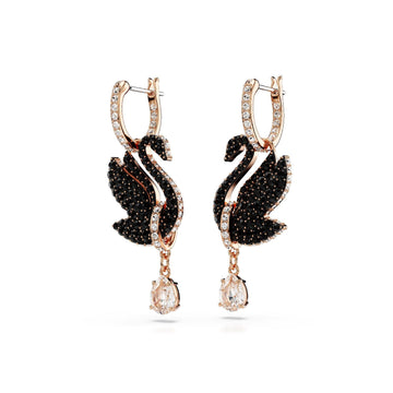 Orecchini donna Swarovski Swan placcati oro rosa con cigno e cristalli neri e a goccia 5678047-1
