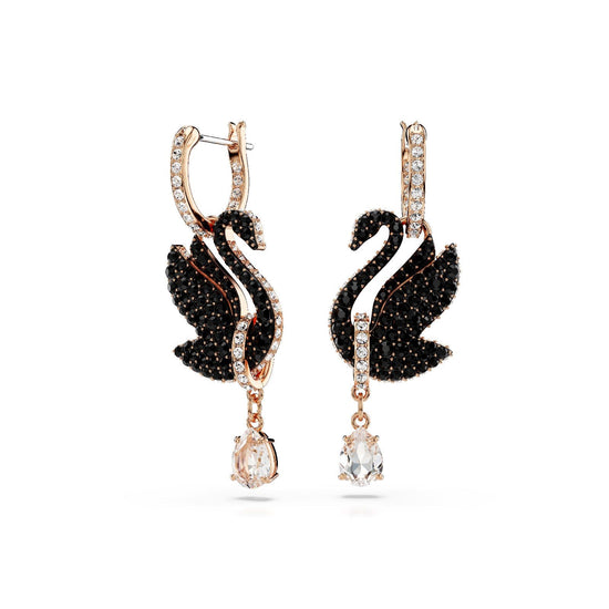 Orecchini donna Swarovski Swan placcati oro rosa con cigno e cristalli neri e a goccia 5678047-2