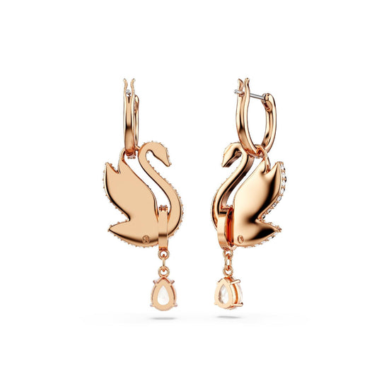 Orecchini donna Swarovski Swan placcati oro rosa con cigno e cristalli neri e a goccia 5678047-3