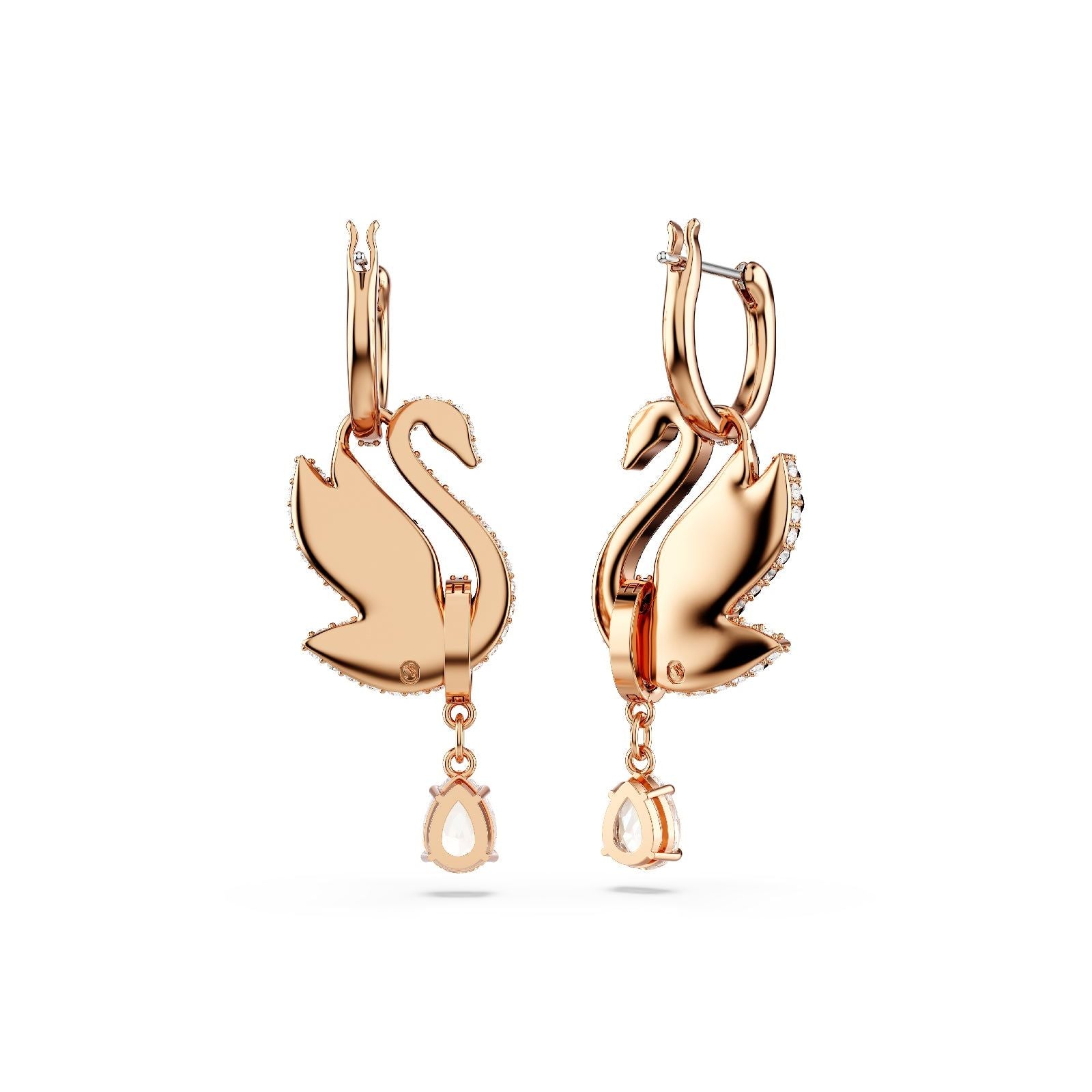 Orecchini donna Swarovski Swan placcati oro rosa con cigno e cristalli neri e a goccia 5678047-3