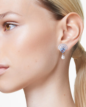 Orecchini pendenti da donna Swarovski Idyllia in lega di metalli rodiata con cristalli bianchi e blu a ventaglio e una perla 5680301