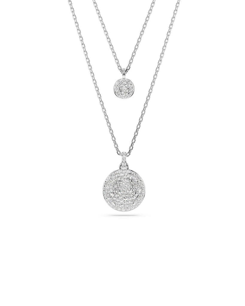 Collana da donna Swarovski Meteora in lega di metalli rodiata con due catene e due ciondoli tondi con pavé di cristalli 5684244