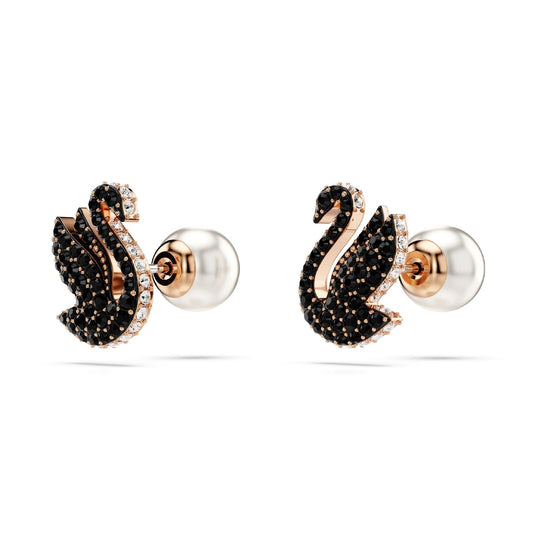 Orecchini donna Swarovski Swan rosé a cigno con pavé di cristalli neri 5684608-2