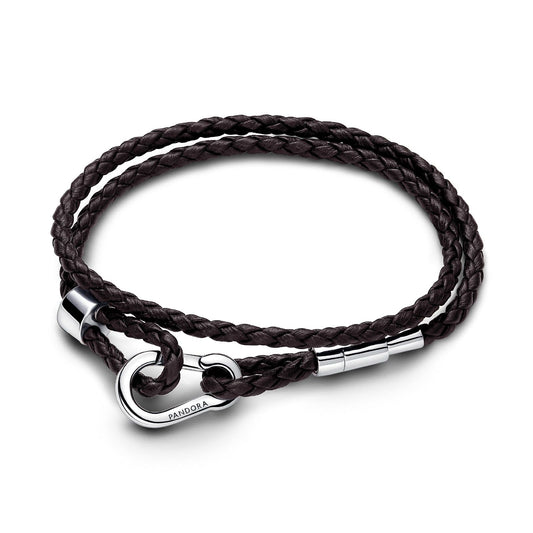 Bracciale in Pelle Marrone Doppio con Chiusura a Moschettone Regolabile 593338C01-D2-1
