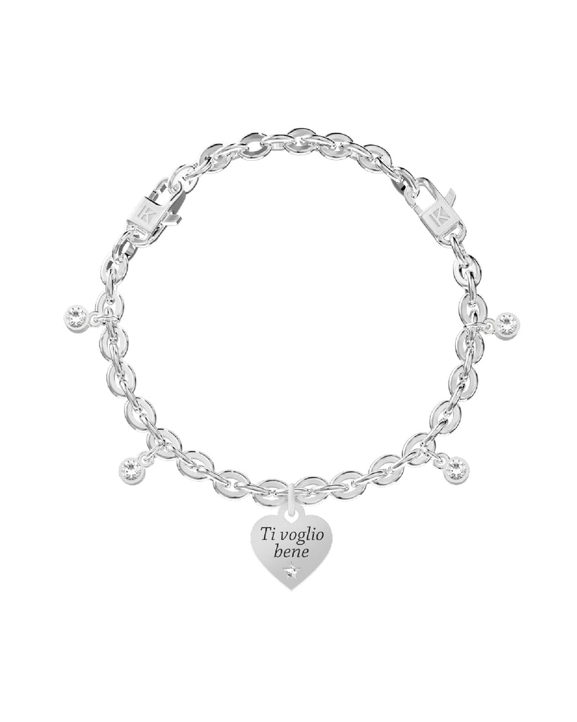 Bracciale catena da donna Kidult Love in acciaio con cristalli e cuore con scritta 