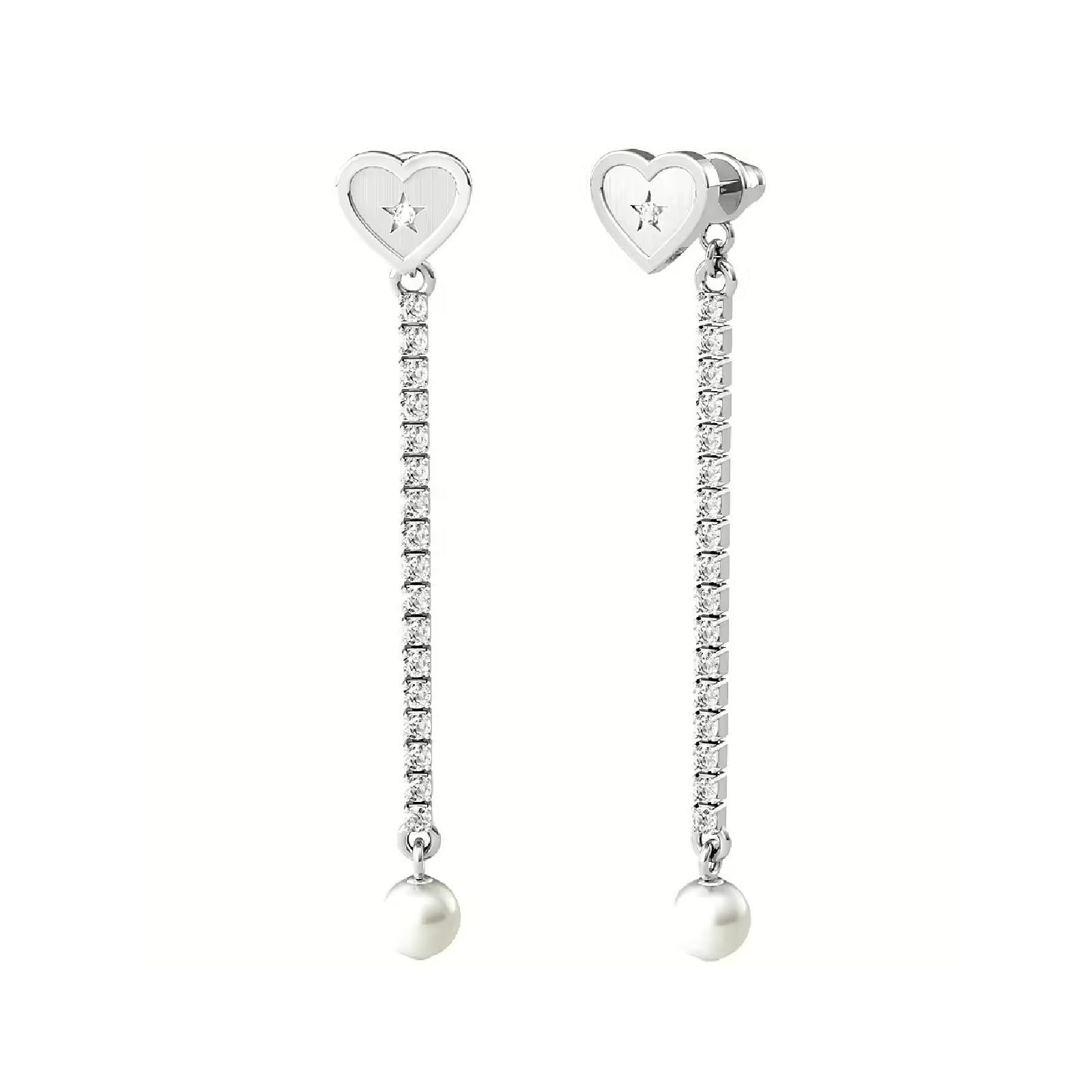 Orecchini da donna Kidult Family in acciaio a forma di cuore e tennis pendente di cristalli e perla 761004-1