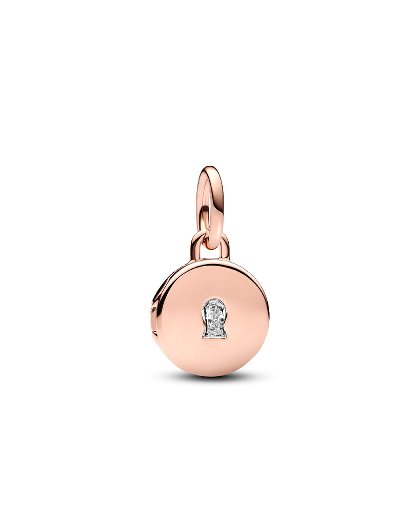 Charm da donna Pandora Moments in lega metallica placcata oro rosa 14k tondo apribile da incidere con zircone 783066C01