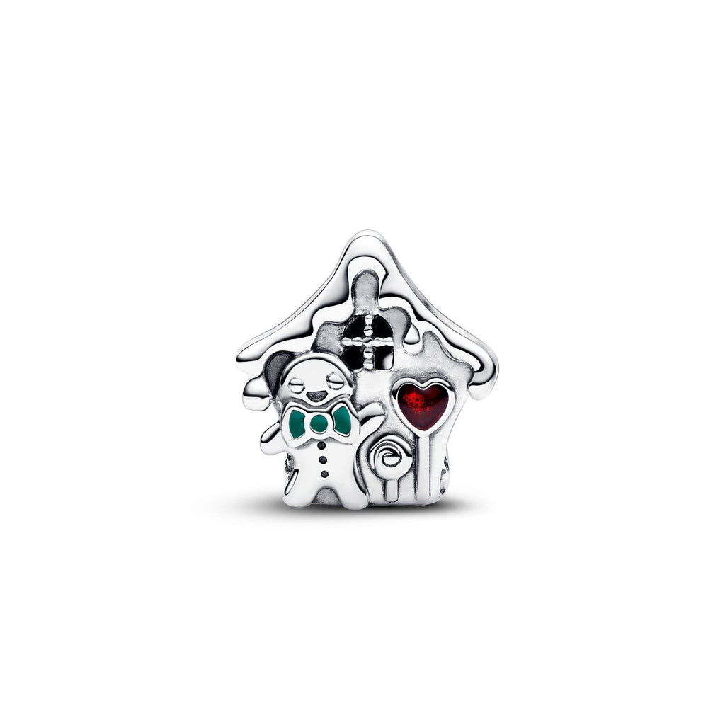 Charm della collezione Pandora Moments da donna a forma di casetta di pan di zenzero con fiocco smaltato e cuore 792823C01