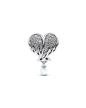 Charm pendente della collezione Pandora Moments da donna a forma di cuore e di ali d'angelo con zirconi e opale bianco 792980C01
