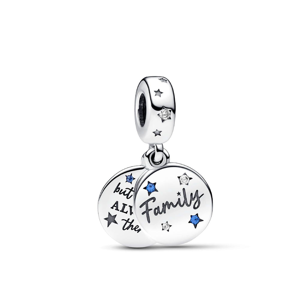 Charm pendente della collezione Pandora Moments da donna composto da due ciondoli con zirconi blu dedicati alla famiglia 792987C01