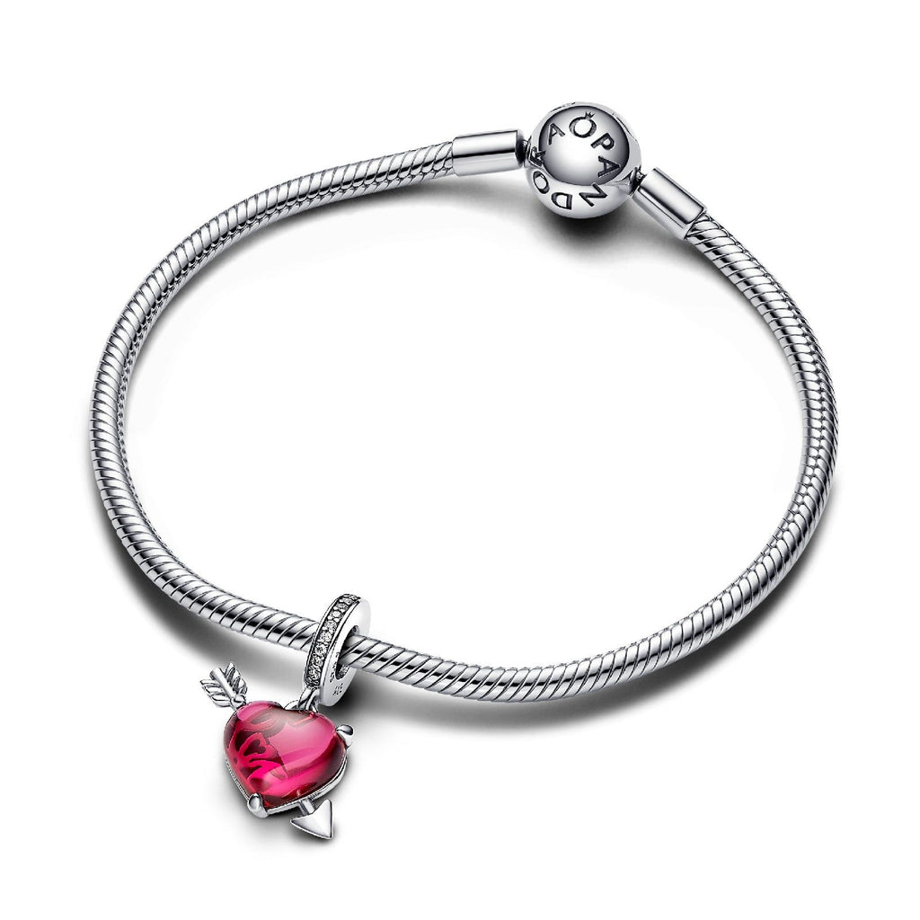 Charm da donna Pandora Moments in Argento Sterling 925 a forma di cuore con vetro di Murano rosso e scritta 