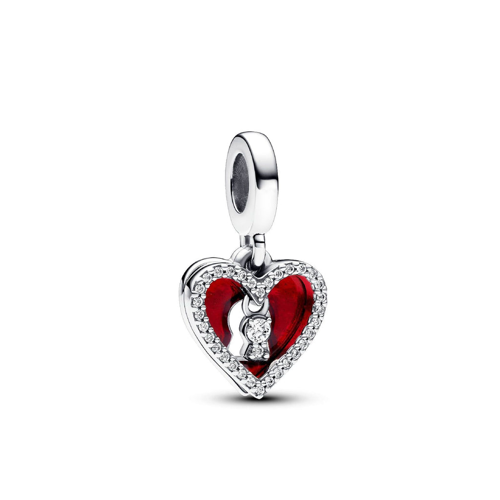 Charm da donna Pandora Moments in Argento Sterling 925 a forma di cuore e serratura con zirconi e smalto rosso 793119C01