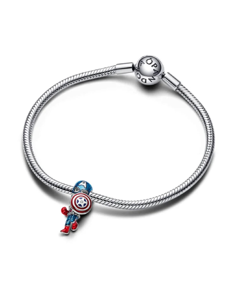 Charm da donna Pandora Moments Marvel in argento sterling 925 a forma di Captain America con zircone 793129C01