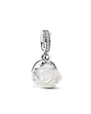 Charm da donna Pandora Moments in argento 925 con ciondolo a rosa in madreperla in bioresina e foglie con zirconi 793200C01