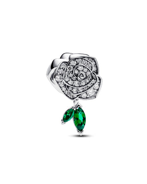 Charm da donna Pandora Moments in argento 925 a forma di rosa con pavé di zirconi e due cristalli verdi pendenti 793201C01