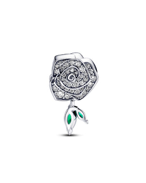 Charm da donna Pandora Moments in argento 925 a forma di rosa con pavé di zirconi e due cristalli verdi pendenti 793201C01