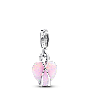 Charm da donna Pandora Moments in argento 925 con cuore in opale rosa e infinito con zirconi e scritta "Mom" 793202C01