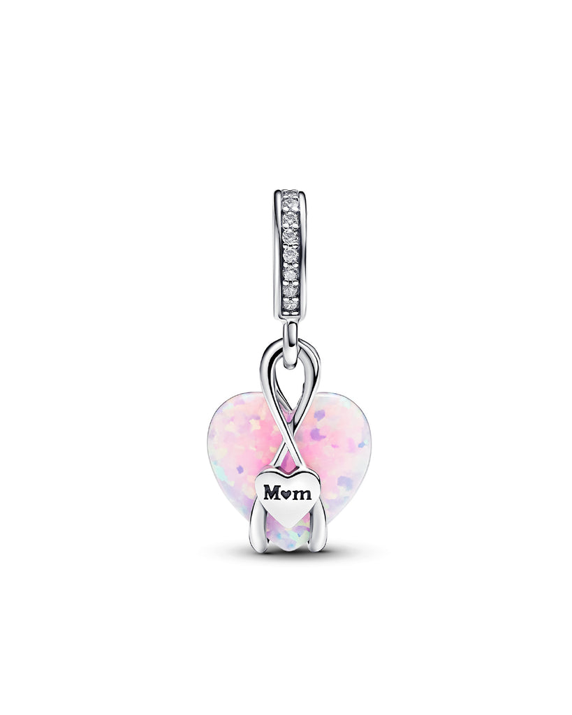 Charm da donna Pandora Moments in argento 925 con cuore in opale rosa e infinito con zirconi e scritta 