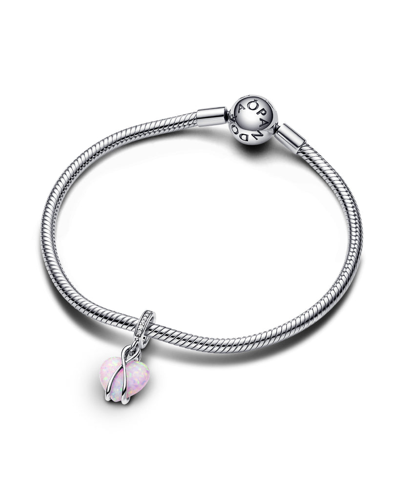Charm da donna Pandora Moments in argento 925 con cuore in opale rosa e infinito con zirconi e scritta 