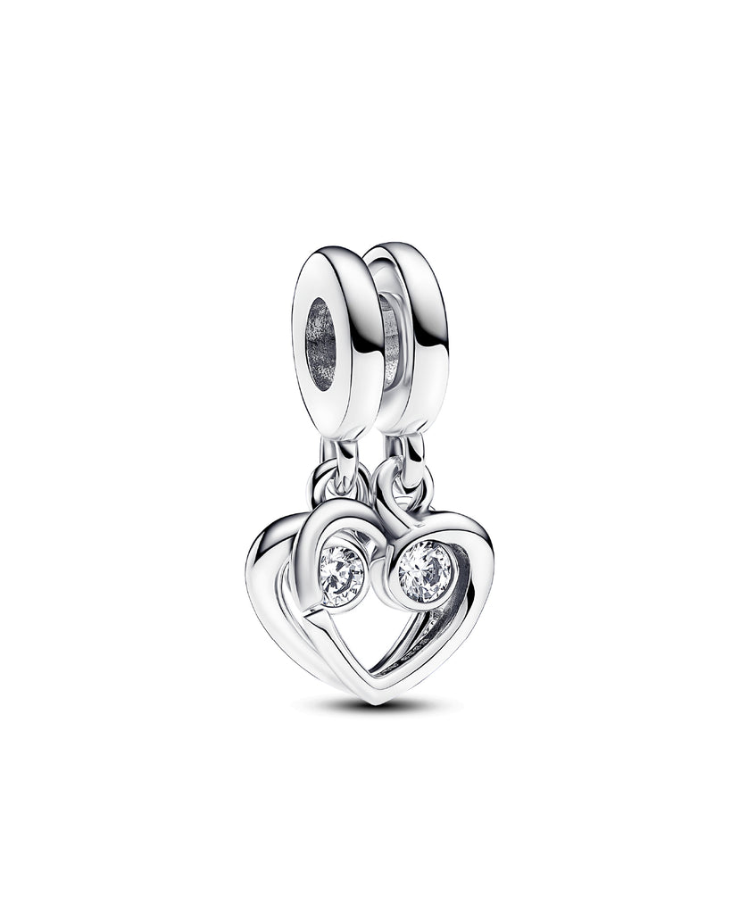 Charm doppio da donna Pandora Moments in argento 925 a forma di cuore con zirconi e incisioni 