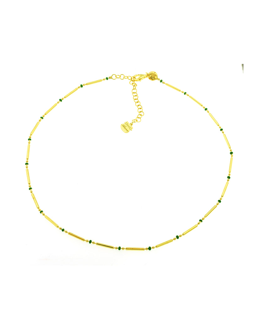 Collana girocollo da donna della collezione Piti Malì Bamboo in argento 925 dorato con piccole sfere smaltate di verde 801/C