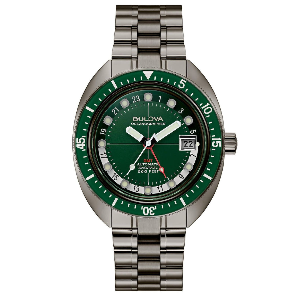 Orologio meccanico automatico Bulova Oceanographer GMT uomo cassa 41 mm e bracciale in acciaio con quadrante verde 98B415