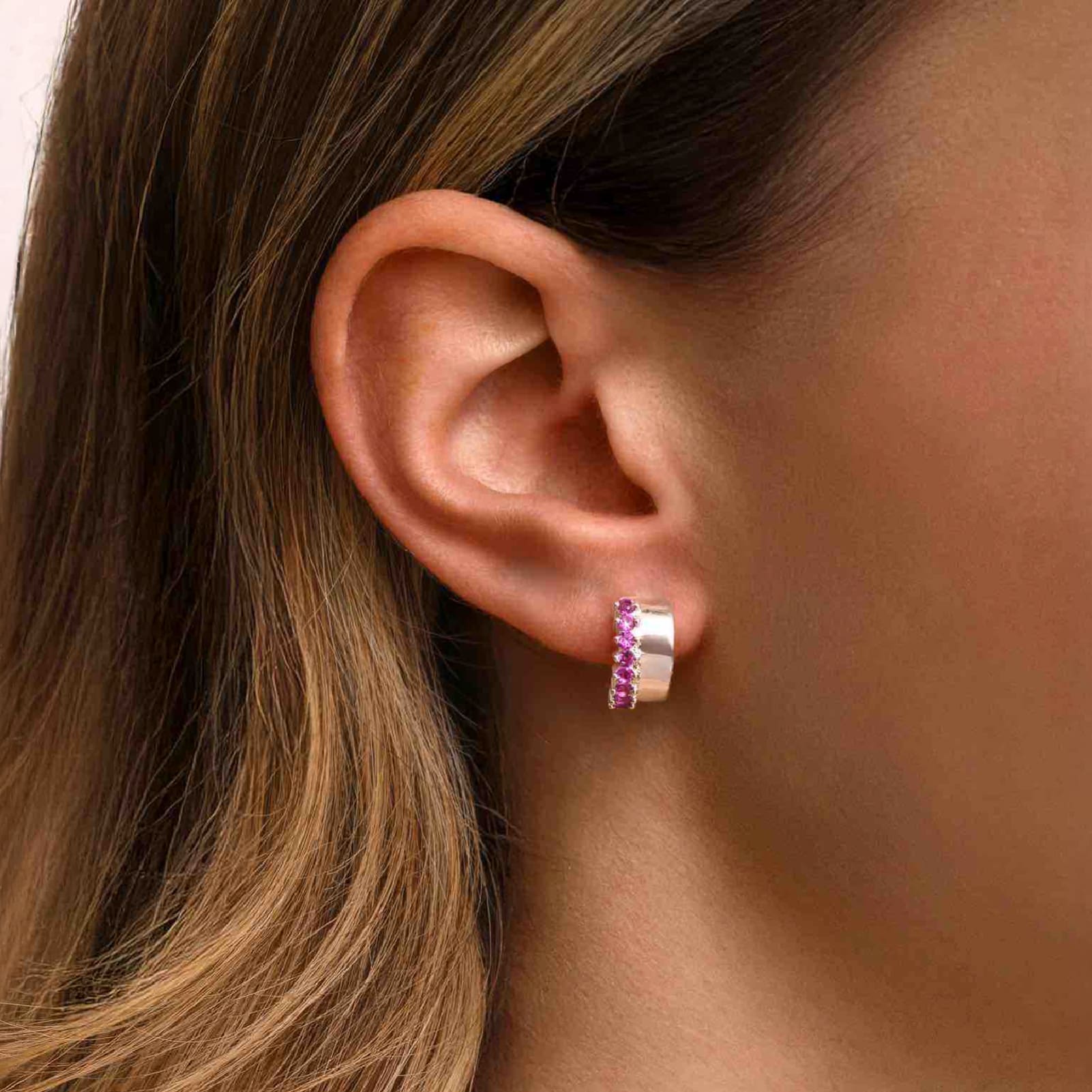Orecchino Amabile Hoop Chérie destro argento e zirconi fucsia MISURA UNICA