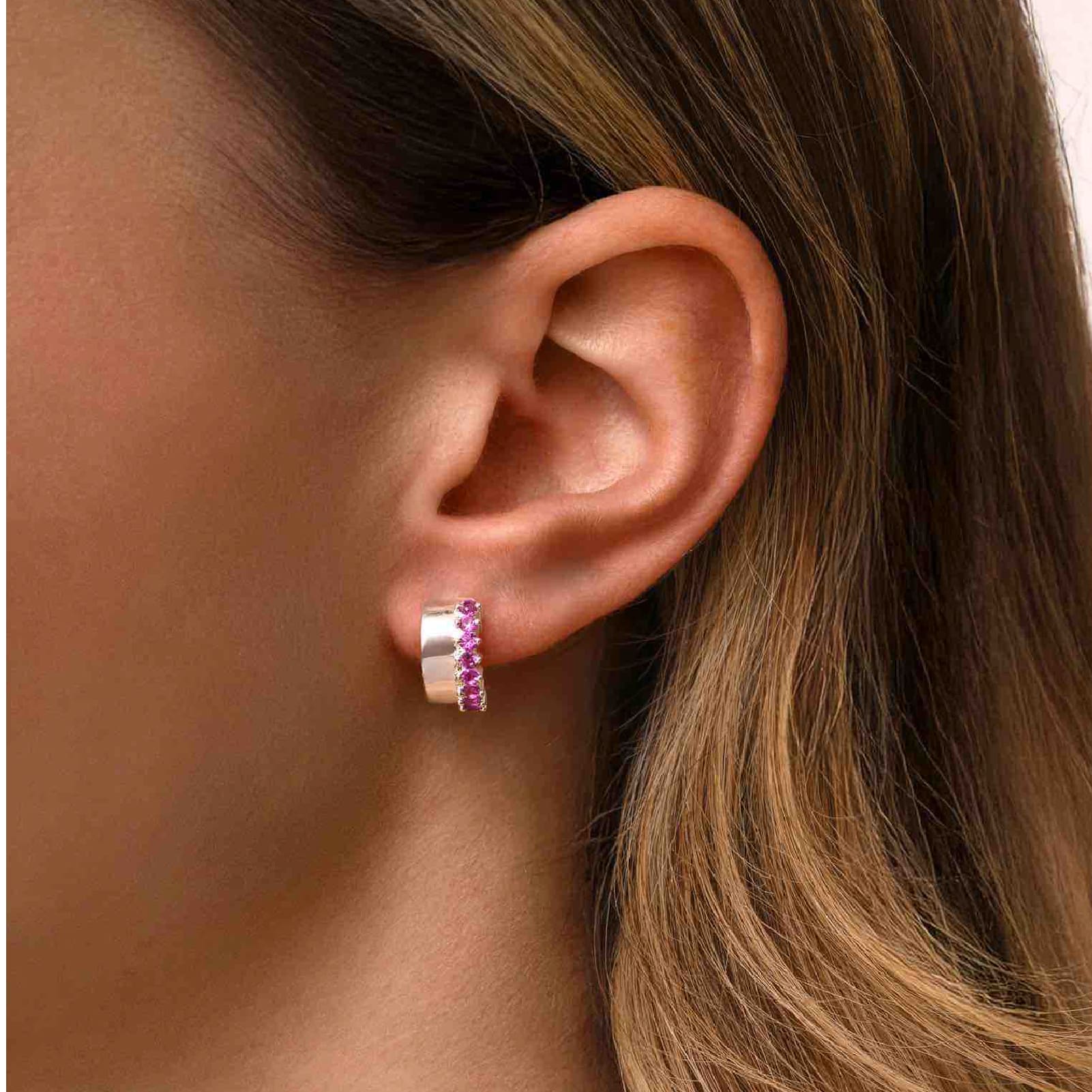 Orecchino Amabile Hoop Chérie sinistro argento e zirconi fucsia MISURA UNICA