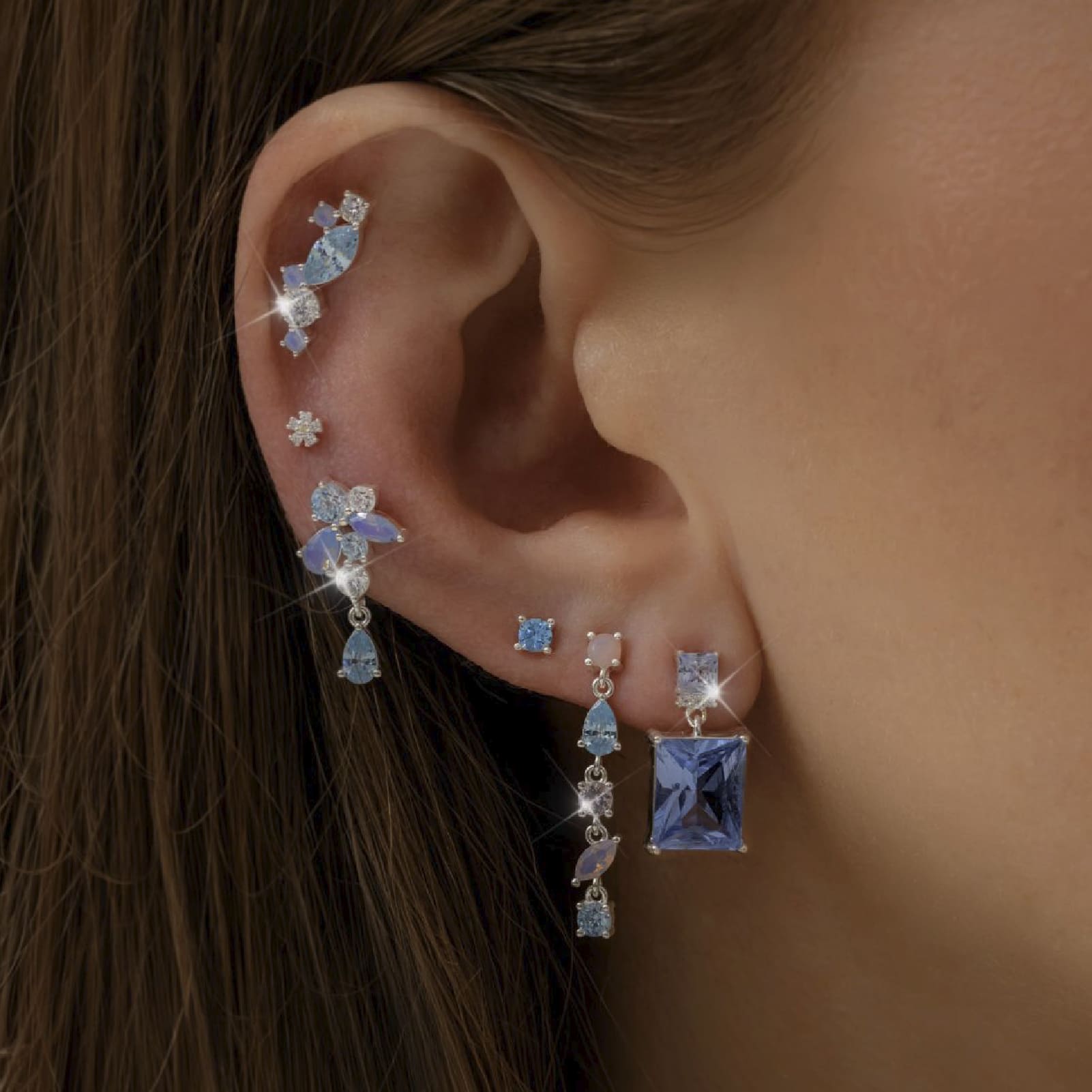 Orecchino pendente Amabile Aquamarine destro argento e blu MISURA UNICA