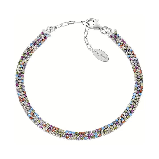 Bracciale tennis Amen argento tre file di zirconi multicolor Regolabile 16-19 cm