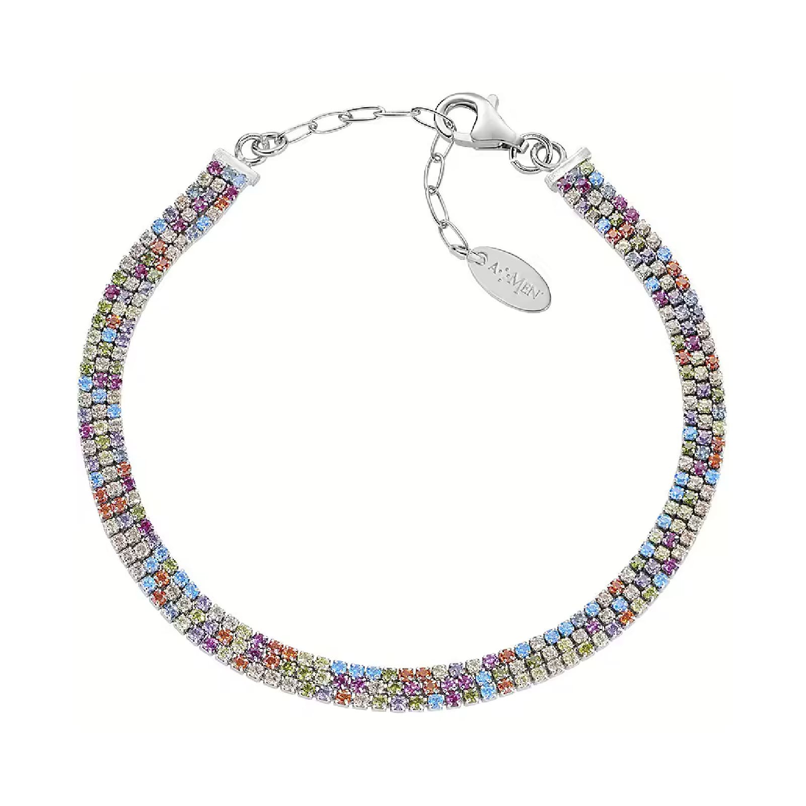 Bracciale tennis Amen argento tre file di zirconi multicolor Regolabile 16-19 cm