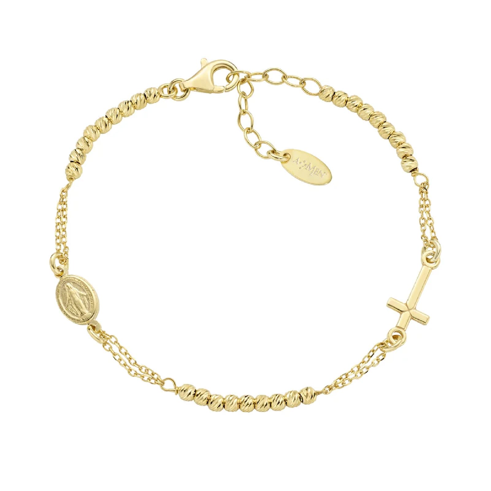 Bracciale rosario Amen in argento dorato e sfere diamantate Regolabile 16-19 cm