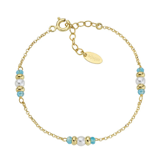 Bracciale Amen in argento dorato cristalli azzurri e perla Regolabile 16-19 cm