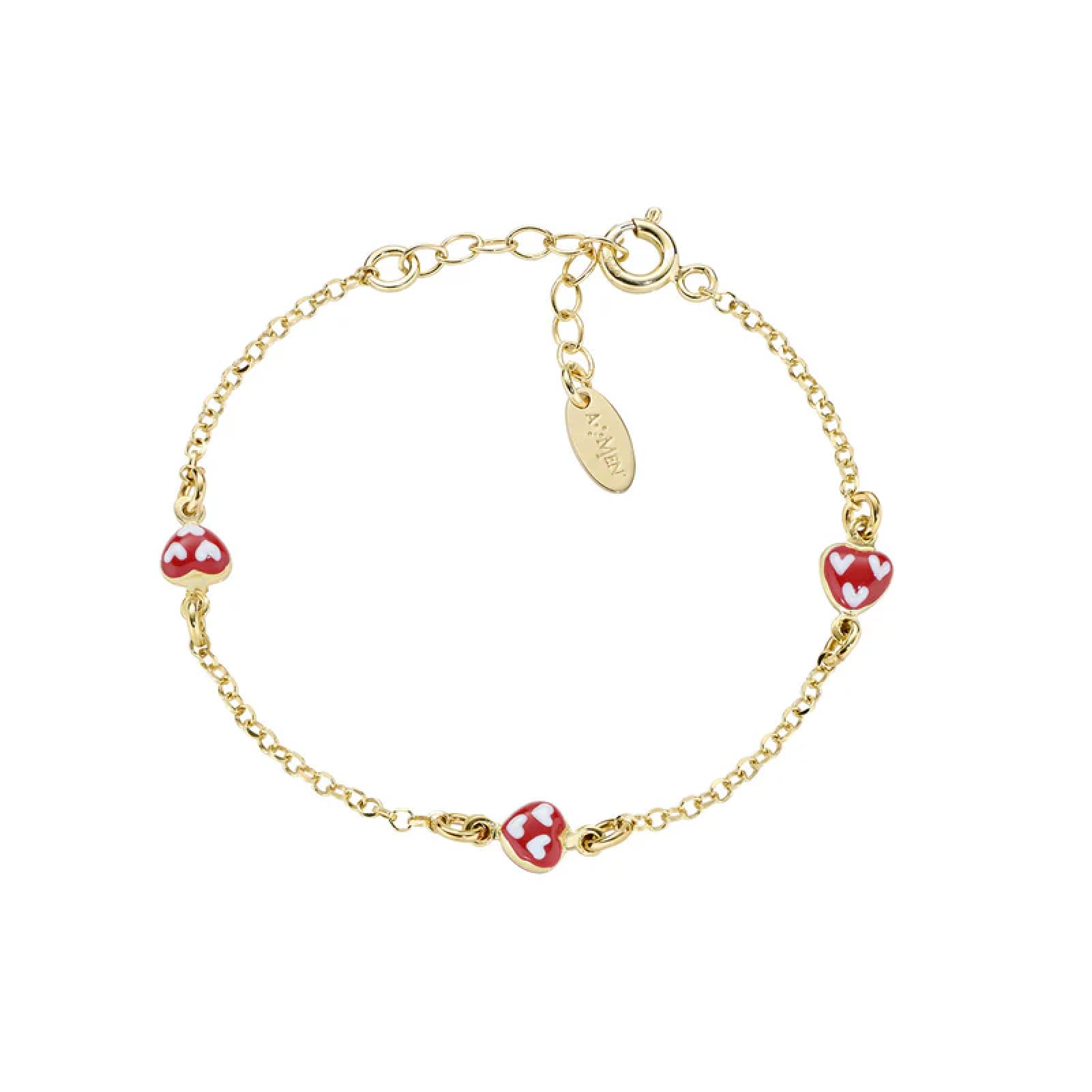 Bracciale catena Amen bimba argento dorato cuori rossi Regolabile 14-17 cm