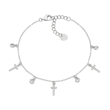 Bracciale catena Amen in argento con croci e zirconi bianchi Regolabile 16-19 cm