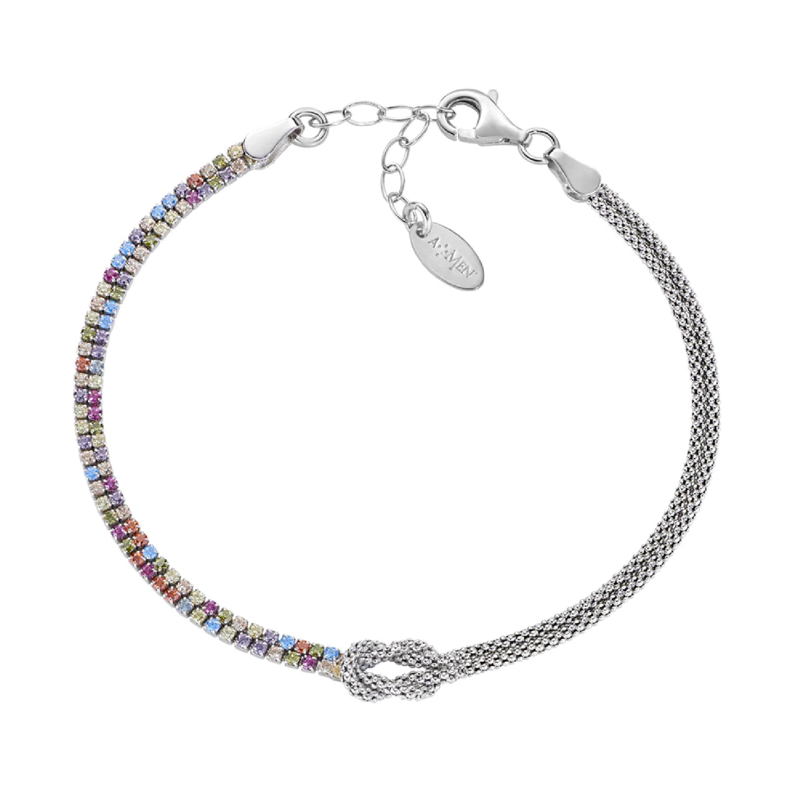 Bracciale Amen argento nodo dell’amore e zirconi multicolor Regolabile 16-19 cm