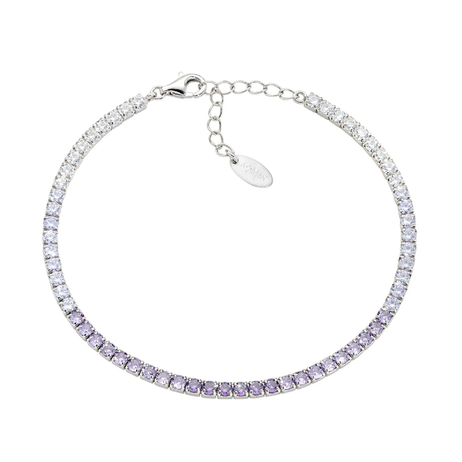 Bracciale tennis Amen in argento con zirconi viola e bianchi Regolabile 17-20 cm