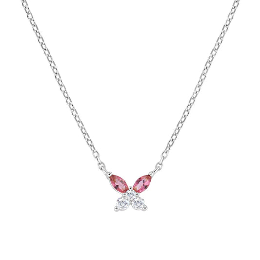 Collana con ciondolo a forma di farfalla e rosa in oro 18 carati e zirconi Collana con ciondolo a forma di farfalla e rosa in oro 18 carati e zirconi