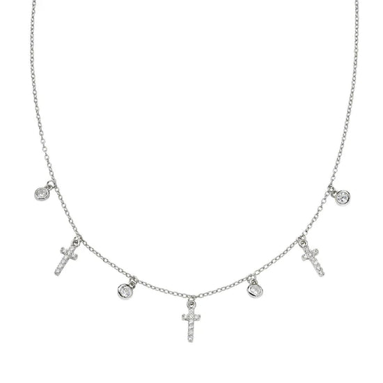 Collana girocollo Amen argento con croci e zirconi pendenti MISURA UNICA