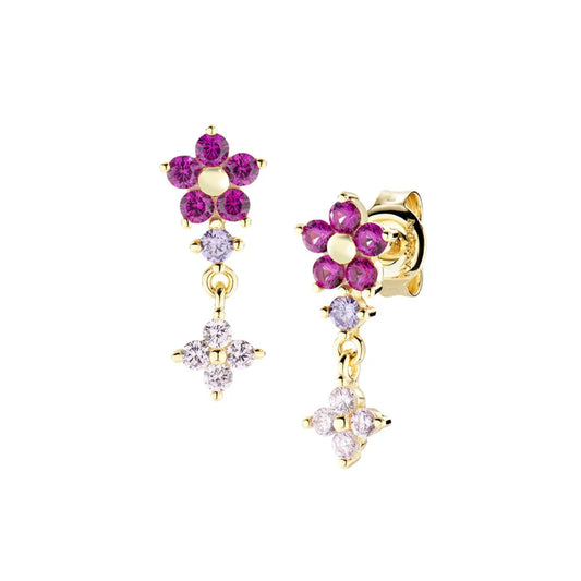 Orecchini a lobo Amen in argento dorato fiori rosa e viola MISURA UNICA