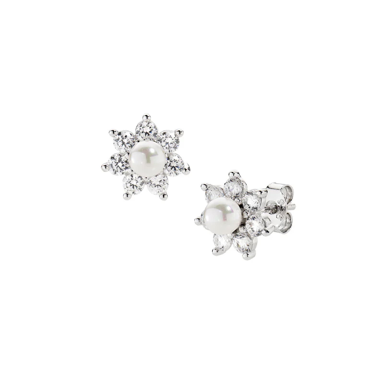 Orecchini a lobo Amen in argento fiori con zirconi e perle MISURA UNICA