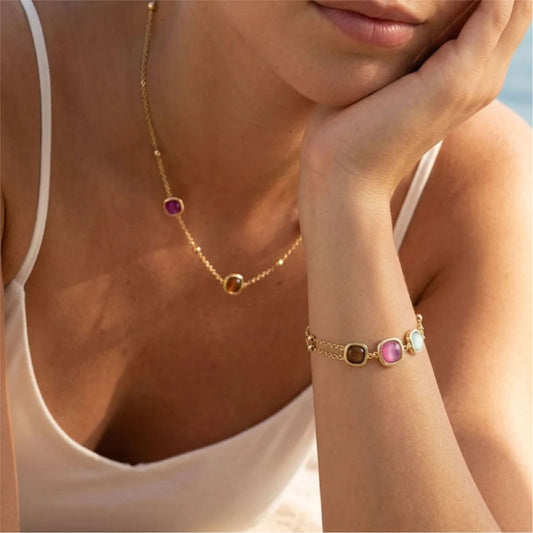 Collana catena Amen Dune in ottone dorato pietre e sfere MISURA UNICA